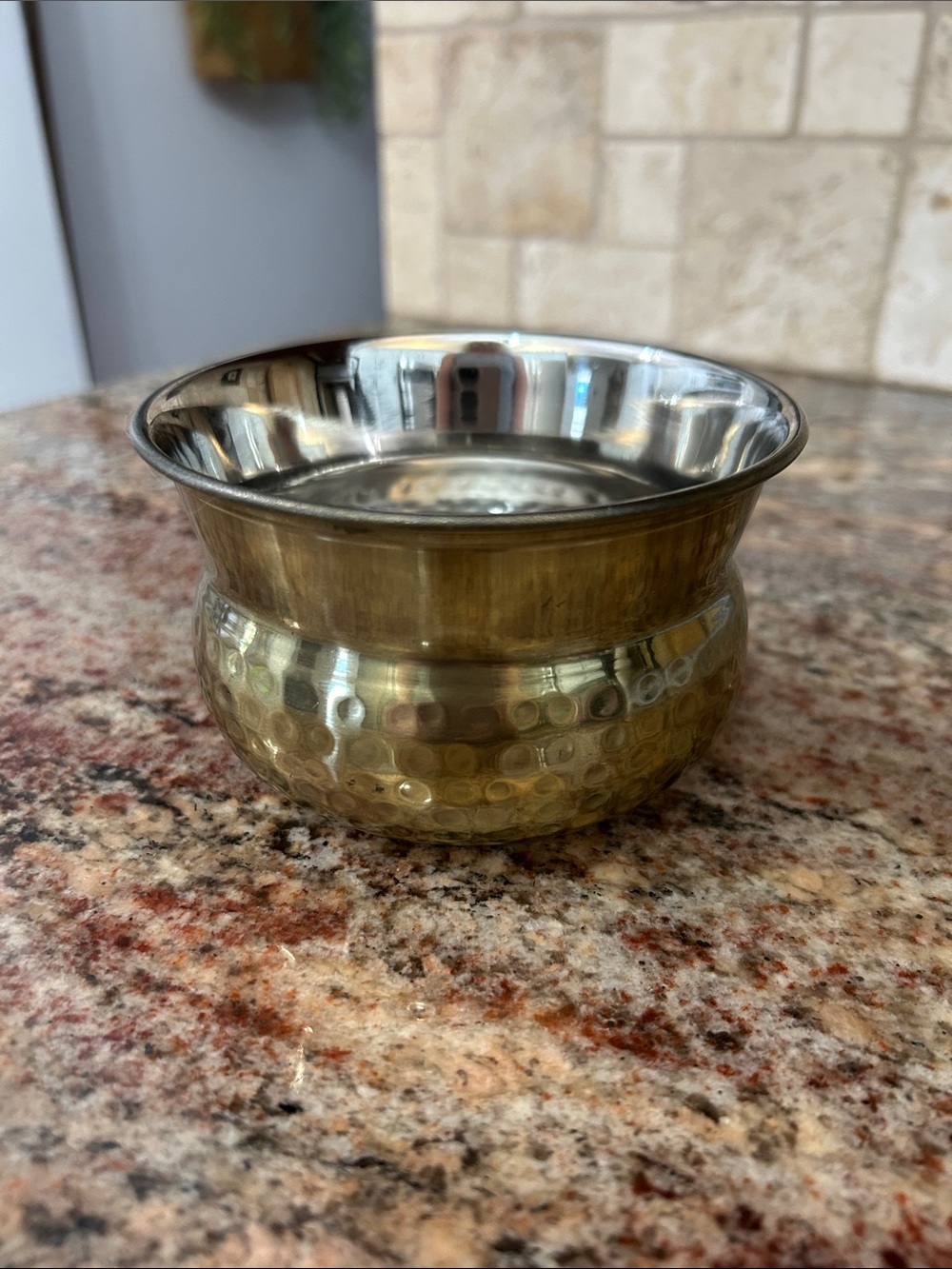 Hammered Brass-Accent Serving Bowl with Polished Interior